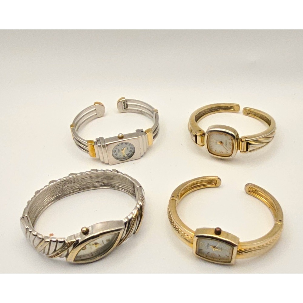 Lot of 4 Assorted Womens Quartz Cuff Watches. Silver & Gold Tone, New Batteries.